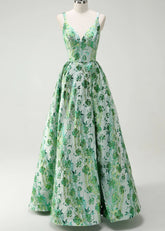 Judith | Sparkly Green Floral Spaghetti Straps Long Prom Dress - Price #price_variant_lowest# - Green Floral - PromDressClub